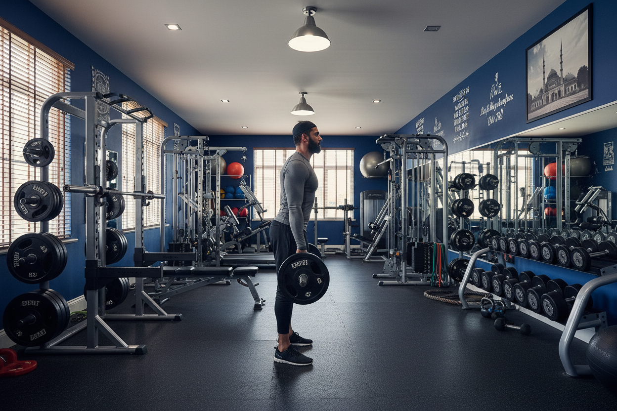 hombre mususlman fuerta levantando pesas en su gimnasio en casa con unmonton de maquinaria de ejecicio el hombre debe tener ropa de codos arriba y rodillas arriba