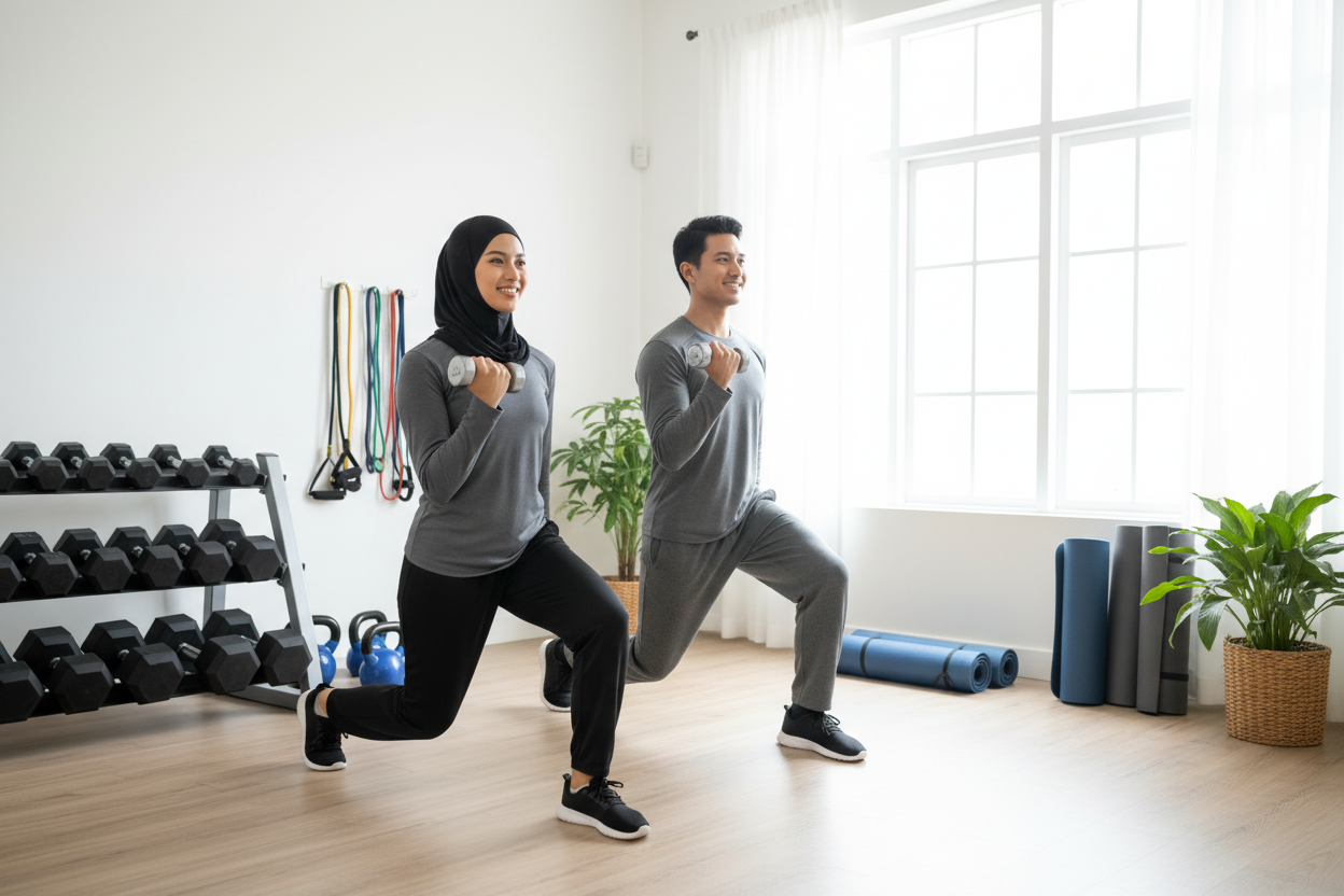 hombre y mujer musulmanes con su aura tapada haciendo ejercicio en el gimnasio de su casa